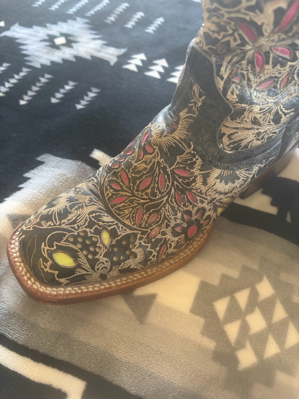 Johnny Ringo Black Floral Embossed Heeled Boots with Pink Accents - Picture 5 of 9